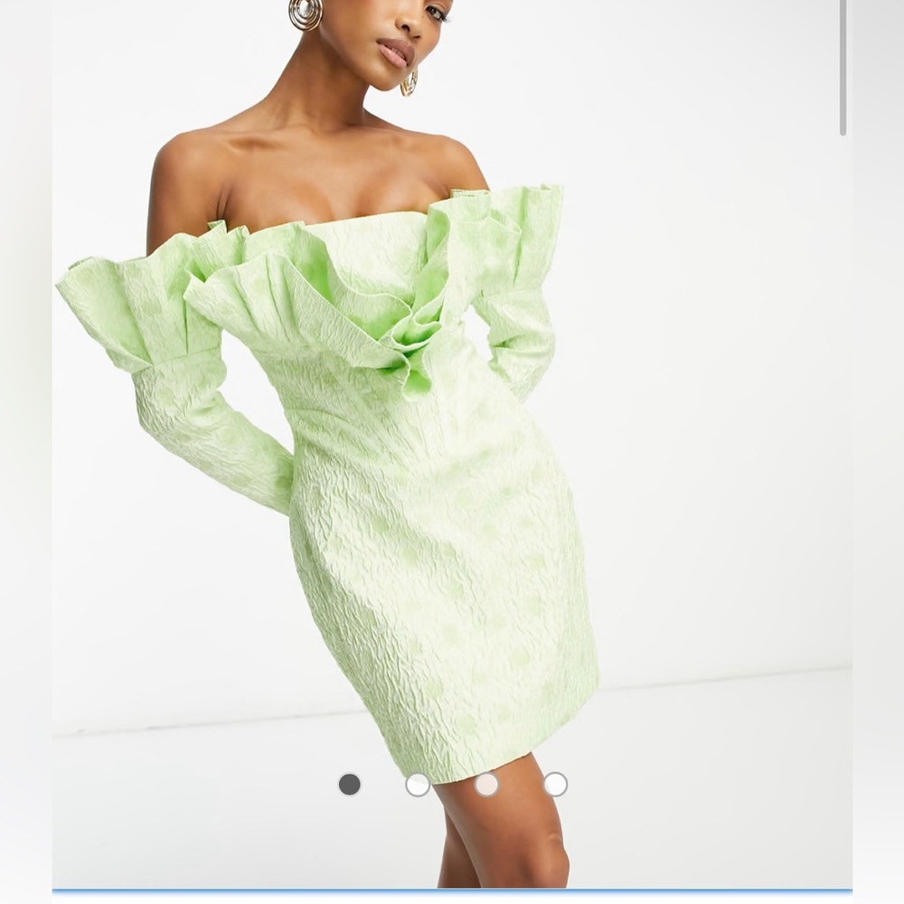 ASOS LUXE jacquard bardot fan top long sleeve mini dress in green print US 12
